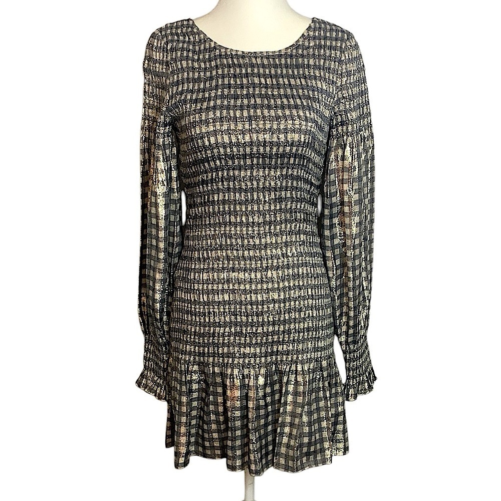 LoveShackFancy gingham silk mini dress black white gold xsmall - Picture 5 of 10